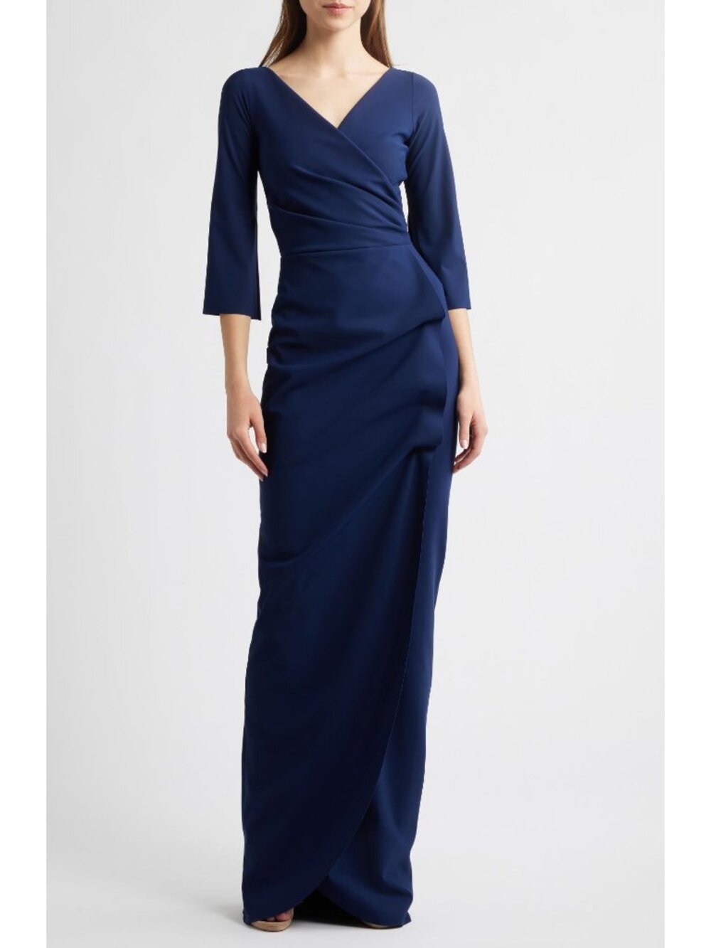 🆕CHIARA BONI Zalfa Ruched Faux Wrap Gown Dress 8 Navy Blue